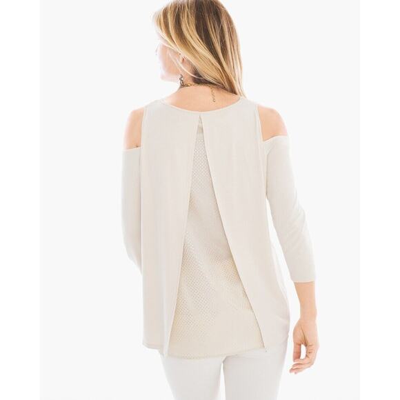 Chicos Top Womens 4 Beige Tunic Cold Shoulder Split Back Gold Dots Contrast Hem - Picture 15 of 16